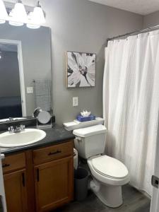 a bathroom with a toilet and a sink at Luxury Modern Condo by the Lake - Breezy Escape in Branson