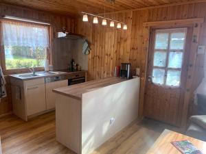 a kitchen with wooden walls and a counter top at Ferienhaus mit direktem Wasserzugang in Berlin-Köpenick in Berlin