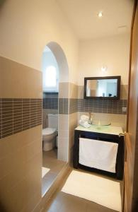a bathroom with a sink and a toilet and a mirror at Cozy 1 bedroom flat,free parking, close to center in Cannes