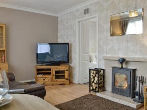 a living room with a television and a fireplace at Honeysuckle Cottage in Luncarty