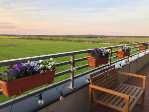 a balcony with three flowerpots and a bench at Apartament Nowe Ogrody in Leszno
