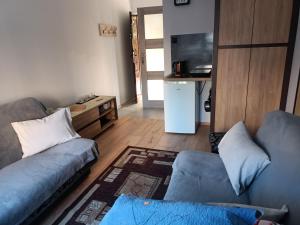 Sala de estar con 2 sofás azules y TV en Pensjonat Basia, en Mielno