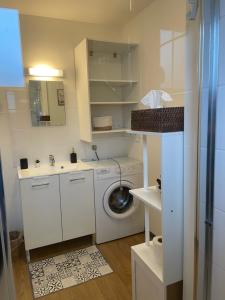 a laundry room with a washing machine and a sink at Le jardin de Broceliande in Ploërmel