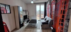 ein Wohnzimmer mit einem Sofa und einem TV in der Unterkunft T1 avec parking plein sud centre de Tarbes in Tarbes
