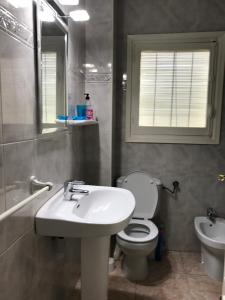 a bathroom with a sink and a toilet and a window at Ayuntamiento Alicante in Alicante