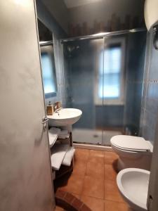 uma casa de banho com um chuveiro, um lavatório e um WC. em B&B PLANO DE LACZARULO em Acciaroli