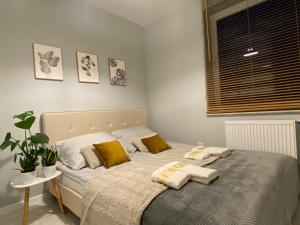 una camera da letto con un letto con due asciugamani sopra di Apartament nad jeziorem a Przemyśl Altre 12 foto