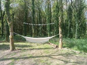 a hammock hanging between two trees in a field at tente nature in Plouray