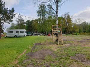 eine Baumschaukel auf einem Feld mit einem Wohnwagen in der Unterkunft Gwda24 in Stare Wierzchowo