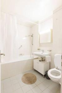 La salle de bains blanche est pourvue de toilettes et d'un lavabo. dans l'établissement Apartment of 52 sqm with free parking, à Lausanne