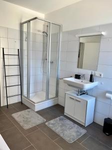 a bathroom with a shower and a sink and a mirror at Penthouse im Zentrum von Bregenz in Bregenz