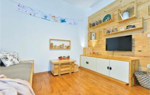 a living room with a flat screen tv on a wooden wall at Pet Friendly Home In Glina With Sauna in Donje Taborište