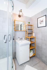 uma casa de banho com um lavatório, um chuveiro e um espelho. em DOMEK LUKSUSOWY KASZUBSKA OSTOJA em Barkocin