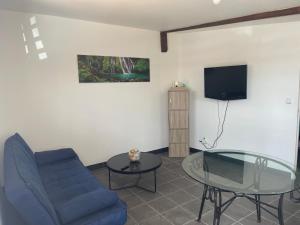 sala de estar con silla azul y mesa de cristal en Kazabasté, escapade spa et jardin privatif, en Basse-Terre
