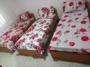 two twin beds in a room with red flowers at TOMI Apartment in Ulcinj