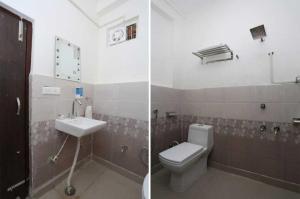 two pictures of a bathroom with a toilet and a sink at OYO Green Villa in Meerut
