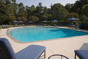 a large swimming pool with blue chairs and umbrellas at Williamsburg Lodge, Autograph Collection in Williamsburg +37 photos
