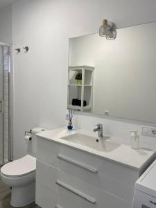 a bathroom with a sink and a toilet and a mirror at Acogedor bungalow con vistas in Puerto de la Cruz +22 photos