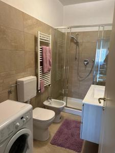 uma casa de banho com um WC, um lavatório e uma máquina de lavar roupa em Bellaveduta Holidays Home em Baldissero Torinese