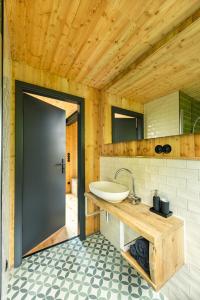 La salle de bains est pourvue d'un lavabo et d'un comptoir avec un miroir. dans l'établissement Baumhausapartment, à Breuberg