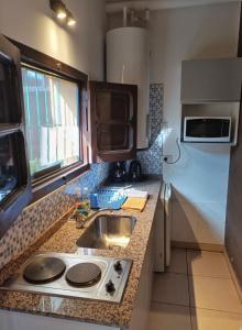 una pequeña cocina con fregadero y microondas en Loft Andino I - Comfort moderno a 5' del centro en Salta