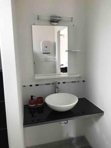 uma casa de banho com um lavatório e um espelho em Appartement avec jardin privatif em Lorient