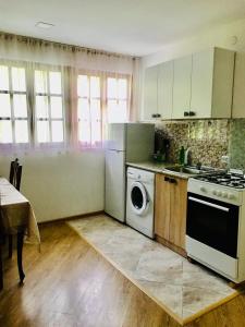 uma cozinha com um fogão e uma máquina de lavar roupa em Zviad Guest House em Borjomi