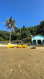 a group ofogie boards on a beach with a palm tree at Club MV Saco do Céu in Abraão