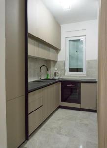 a large kitchen with a sink and a window at Apartman David in Trebinje