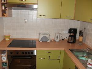 a kitchen with green cabinets and a sink at Ferienwohnung Majo in Bad Birnbach