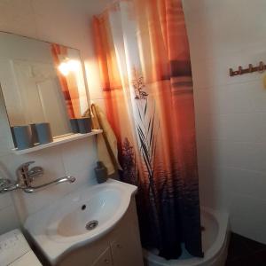 ein Bad mit einem Waschbecken und einem Duschvorhang in der Unterkunft ApartmaNika24 in Vantačići