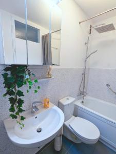 een badkamer met een wit toilet en een wastafel bij Modern flat with elevator/balcony/parking in Hagen