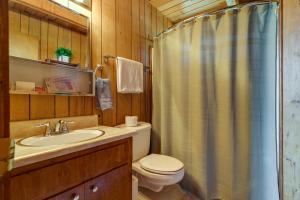 a bathroom with a toilet and a sink and a shower at Hike, Bike and Golf Peaceful Cabin in Twain Harte! in Twain Harte +21 photos
