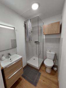 ein Badezimmer mit Dusche, Toilette und Waschbecken in der Unterkunft Confort en front de mer avec accès direct plage in Le Barcarès + 47 Fotos