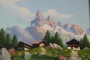 a painting of a mountain with a house and a lake at B&B L'Edera in Crodo