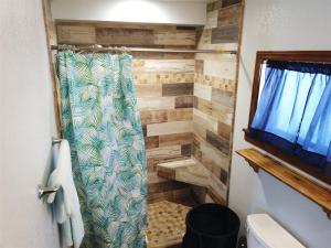 a bathroom with a shower with a wooden wall at Rr-gull Lake Baby House in June Lake