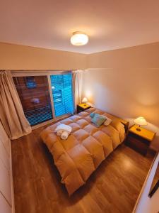 1 cama grande en un dormitorio con ventana grande en Departamento Plaza en San Martín de los Andes