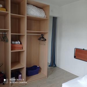 1 dormitorio con armario con estanterías de madera en Le Clair centre ville, en Langon