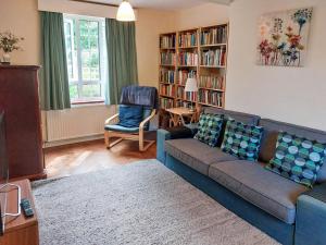 a living room with a blue couch and a book shelf at Green Hedges in Budleigh Salterton