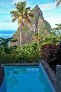a swimming pool with palm trees and a mountain at TheTerrace -$1Mil Piton View in Soufrière