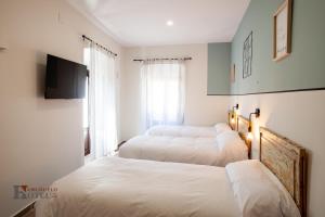a bedroom with three beds and a flat screen tv at Hotel Rural el Turuñuelo in Guareña