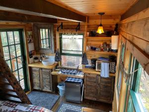 a kitchen with wooden cabinets and a sink in a cabin at Treehouse Ranch in Goldendale