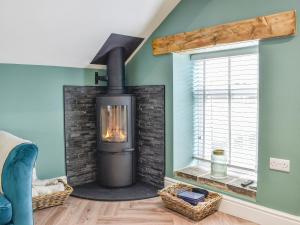 a fireplace in a living room with green walls at Barn Owls Nest-uk39432 in Dronfield