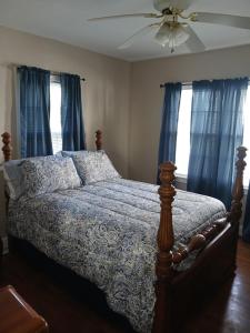 um quarto com uma cama com cortinas azuis e um ventilador em Retreat From The Madness em Midfield