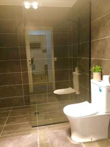 a bathroom with a toilet and a shower at Comfy fully contained 2 bedroom home in New Town +28 photos