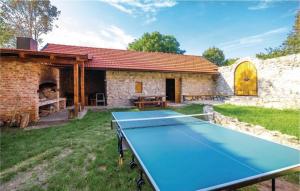 una mesa de ping pong frente a una casa de piedra en Villa Monte - luxurious retreat, en Plaški