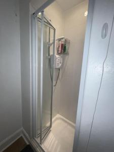 a shower with a glass door in a bathroom at The Leith Walk Flat (just off) in Edinburgh