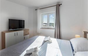 een slaapkamer met een bed, een tv en een raam bij Beautiful Apartment In Fazana With House A Panoramic View in Fažana