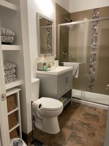 a bathroom with a toilet and a sink and a shower at Hawaii Getaway in Holualoa