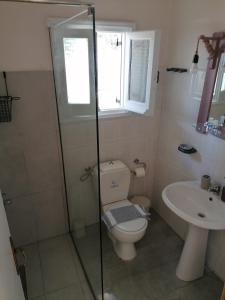 a bathroom with a toilet and a sink at Vicky's Panoramic View Apartments in Pelekas